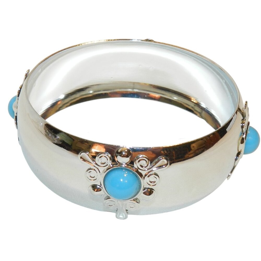 Silver & 10mm Turquoise Blue Round Cabochons 26mm Steel Bangle Bracelet BR377